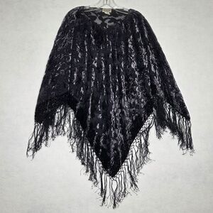 MKM Designs Velvet Burnout Poncho Fringe Floral Black Purple Goth Witch Boho 90s